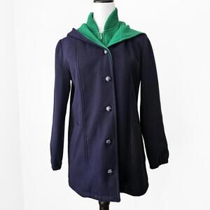 Vintage Mackintosh Vestcoat Women's Navy and Green Hooded Coat with Plaid Scarf
